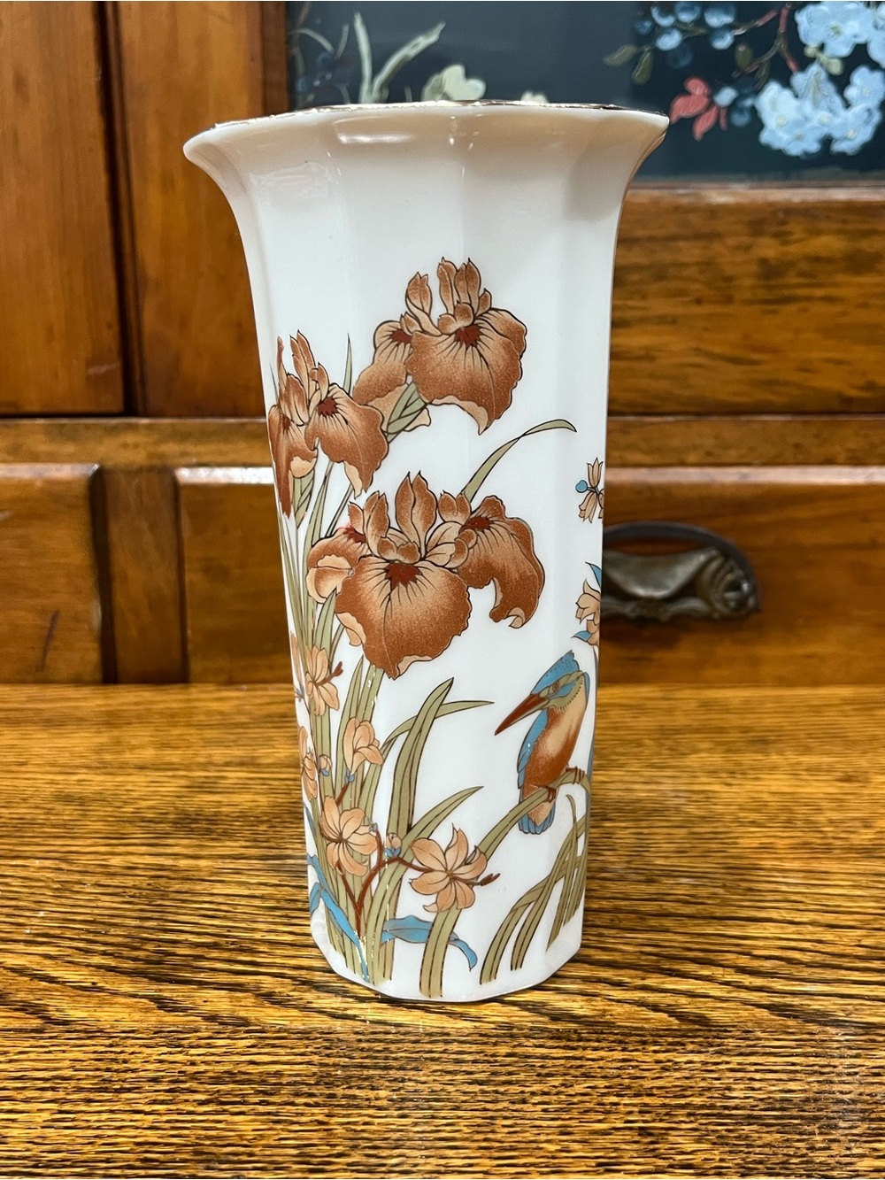 Vintage Japanese Porcelain Iris & Kingfisher Vase – Floral Art Deco Style